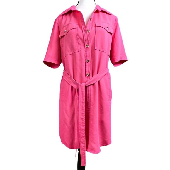 Trina Turk Womens Shirt Dress Pink Belted Size S Short Sleeve Button Up - Picture 1 of 9
